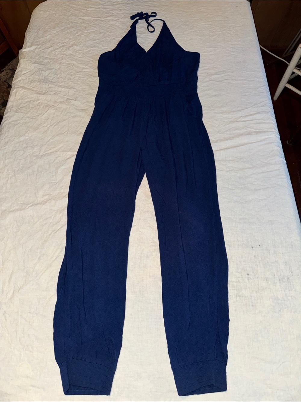 prAna Fernie Halter Jumpsuit L Navy Blue Boho Smocked Jogger One Piece EUC